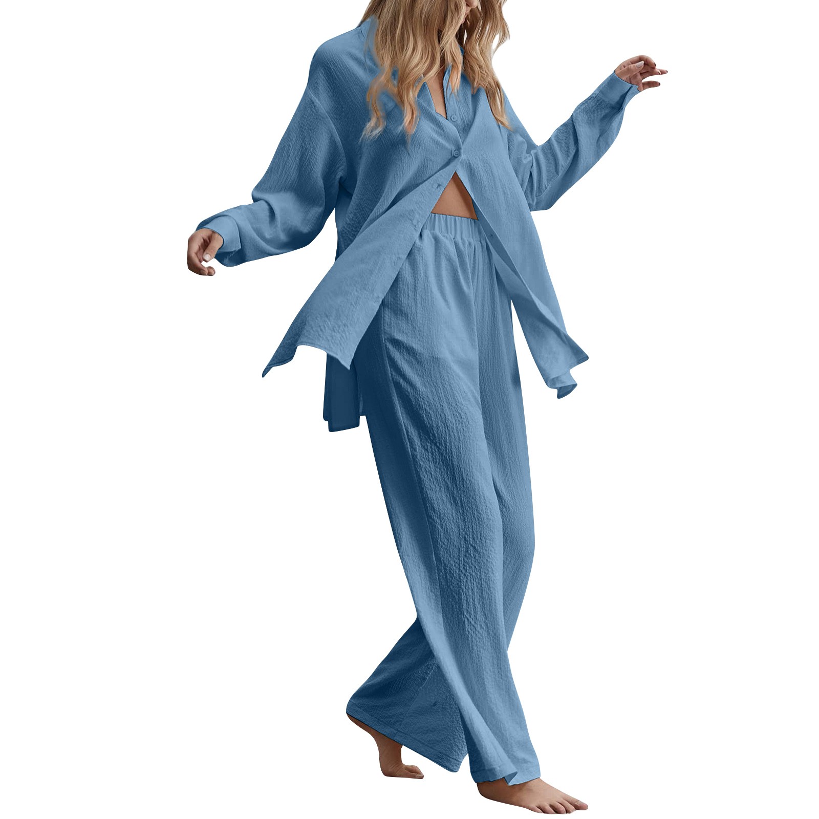 thumbnail image 3 of Traje retro de dos piezas para mujer: camisa de manga larga y pantalones de cintura alta, color liso, tejido cómodo, tallas grandes, adecuado para el día a día y para fiestas, 3 of 6